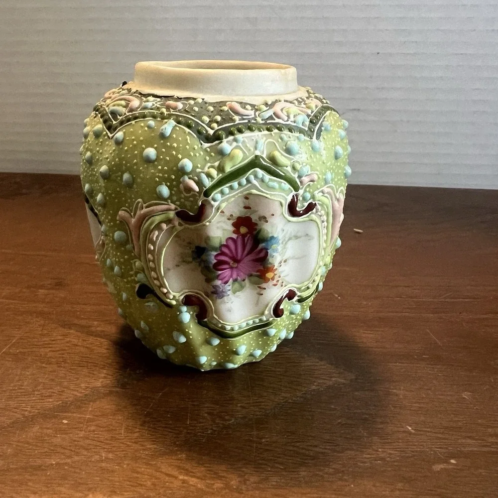 Antique Nippon Moriage Vase Hand Painted Floral Celadon Green Porcelain 3.25